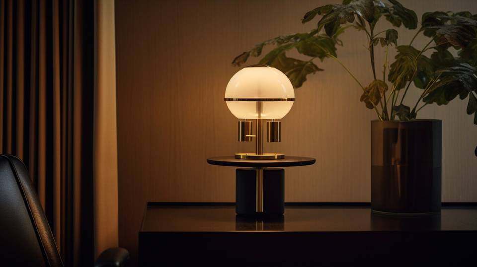 A stylish lamp with a round shade emits warm light on a sleek desk beside a green plant in a modern setting.