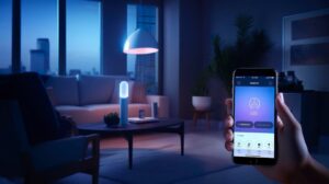 A hand holds a smartphone displaying a smart home app, while a modern living room with soft lighting is visible in the background.