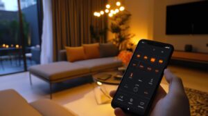 A hand holding a smartphone displaying a smart home control app in a dimly lit, modern living room with cozy decor.