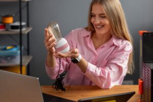 A person holds a modern lamp with a clear glass top and a pink-striped base, sitting at a desk with a laptop and tools in the background.