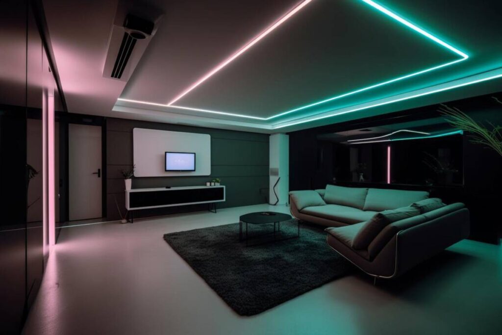 A modern living room with a sleek sofa, dark rug, and ambient neon lighting in teal and pink, creating a stylish and cozy atmosphere.