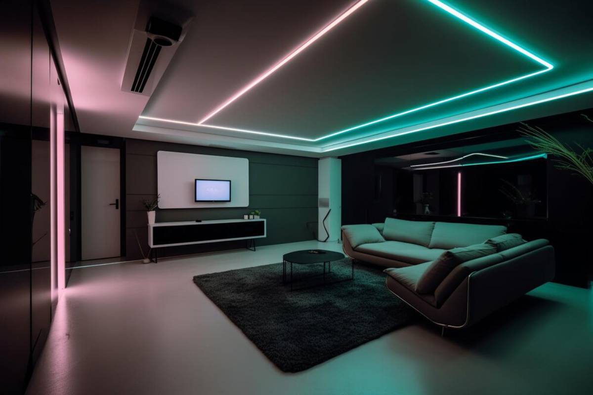 A modern living room with a sleek sofa, dark rug, and ambient neon lighting in teal and pink, creating a stylish and cozy atmosphere.