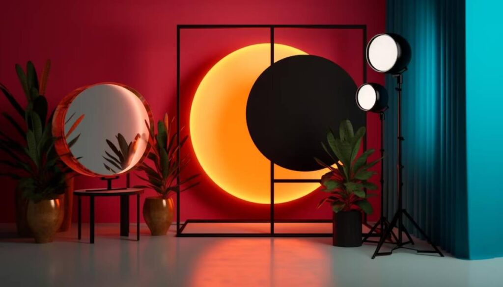 Modern interior scene featuring a circular mirror, vibrant orange and black wall art, potted plants, and studio lighting on a pink backdrop.