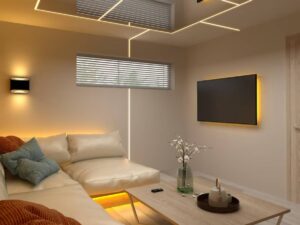 Modern living room with a white sectional sofa, stylish decor, ambient lighting, and a mounted TV against a pale wall.