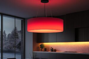 A modern red pendant lamp illuminates a sleek kitchen with dark cabinetry and a warm under-cabinet light, visible through large windows.