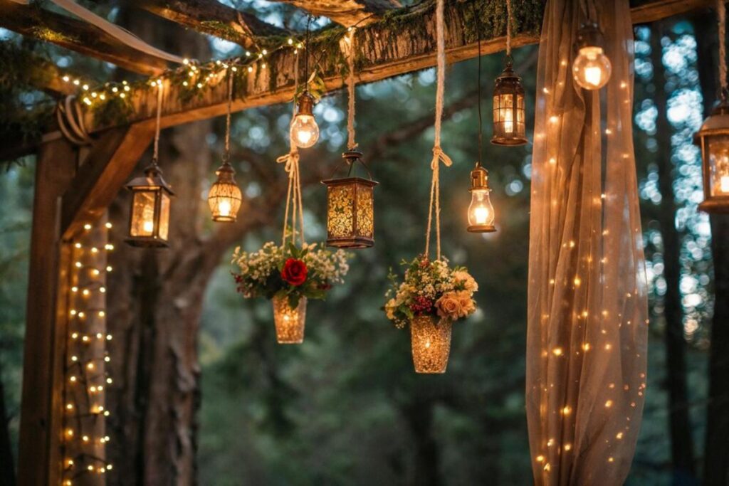 An enchanting outdoor setting adorned with hanging lanterns and floral arrangements, illuminated by warm string lights amidst trees.