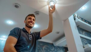 A person reaches up to install or replace a ceiling light fixture in a modern room with stylish decor and recessed lighting.