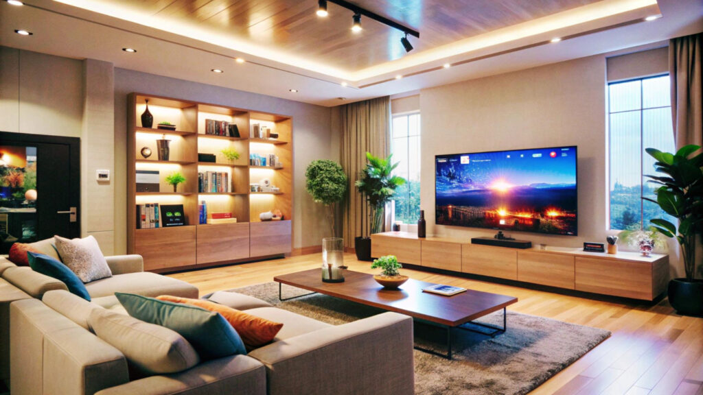 Modern living room featuring a plush sofa, wooden shelves, large TV, indoor plants, and warm lighting, creating a cozy atmosphere.