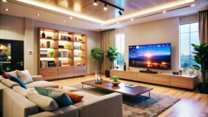 Modern living room featuring a plush sofa, wooden shelves, large TV, indoor plants, and warm lighting, creating a cozy atmosphere.