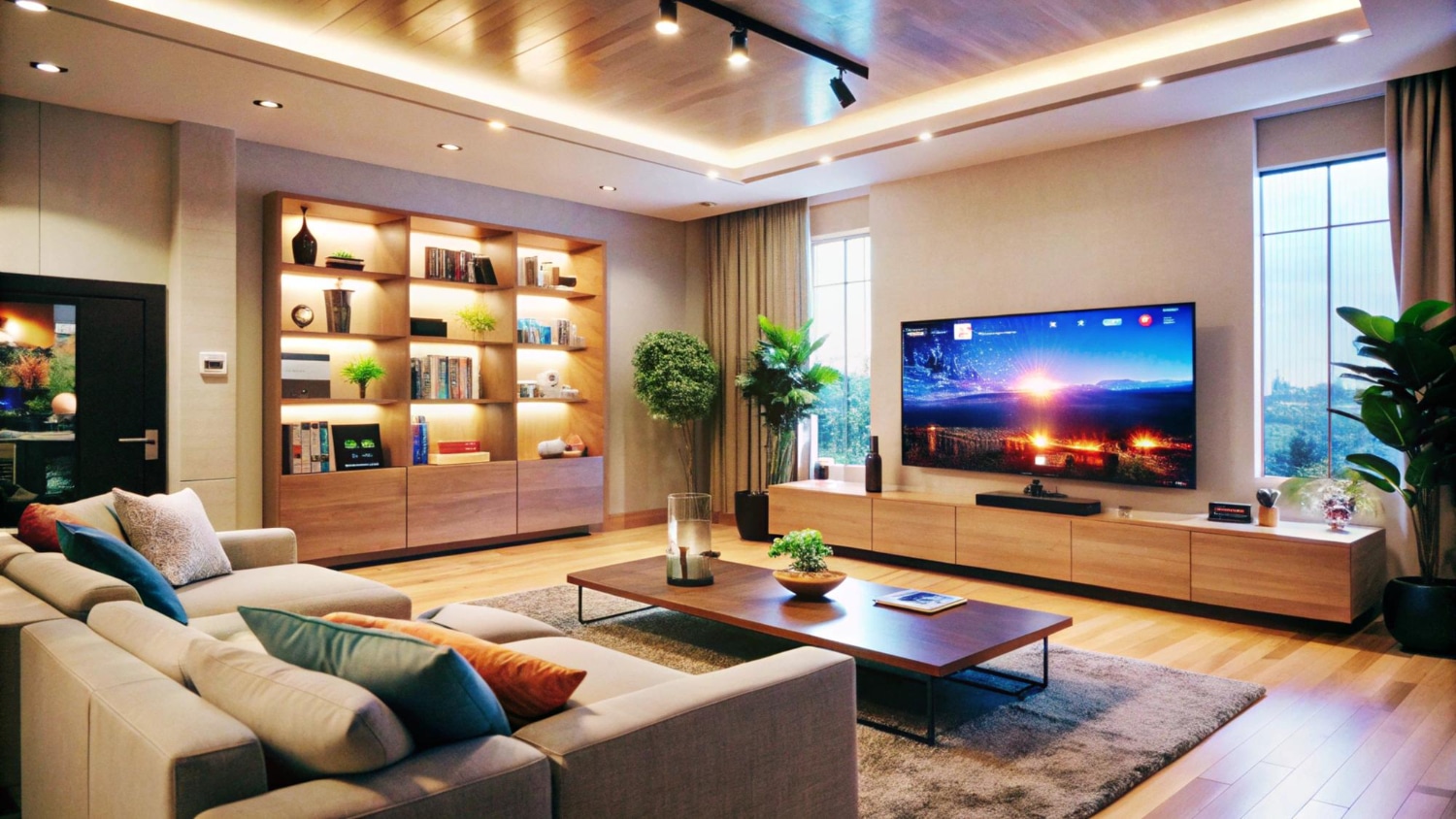 Modern living room featuring a plush sofa, wooden shelves, large TV, indoor plants, and warm lighting, creating a cozy atmosphere.