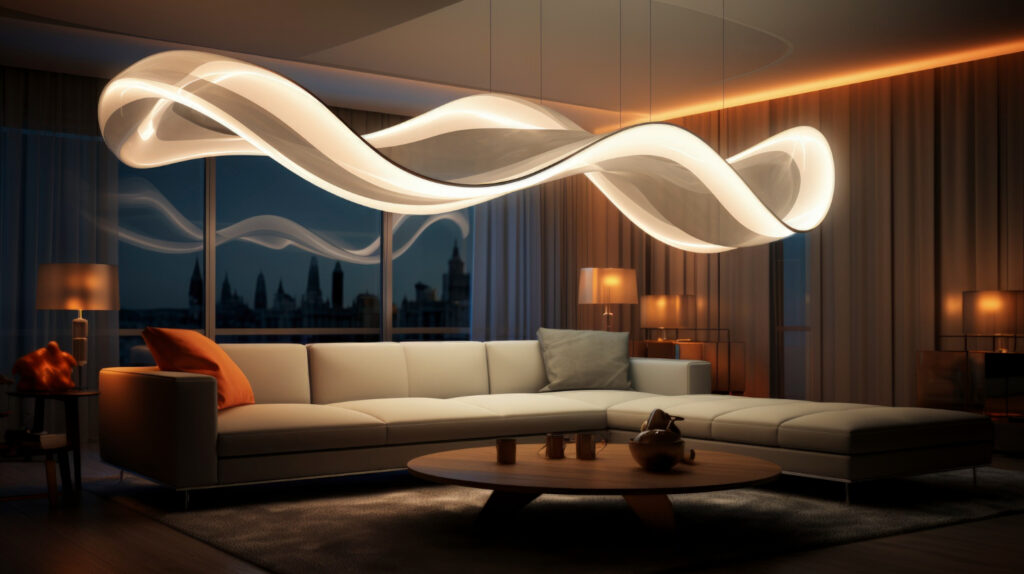 A modern living room features a sleek white sofa, wooden coffee table, and a striking pendant light, creating a cozy ambiance.