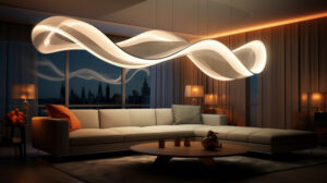 A modern living room features a sleek white sofa, wooden coffee table, and a striking pendant light, creating a cozy ambiance.