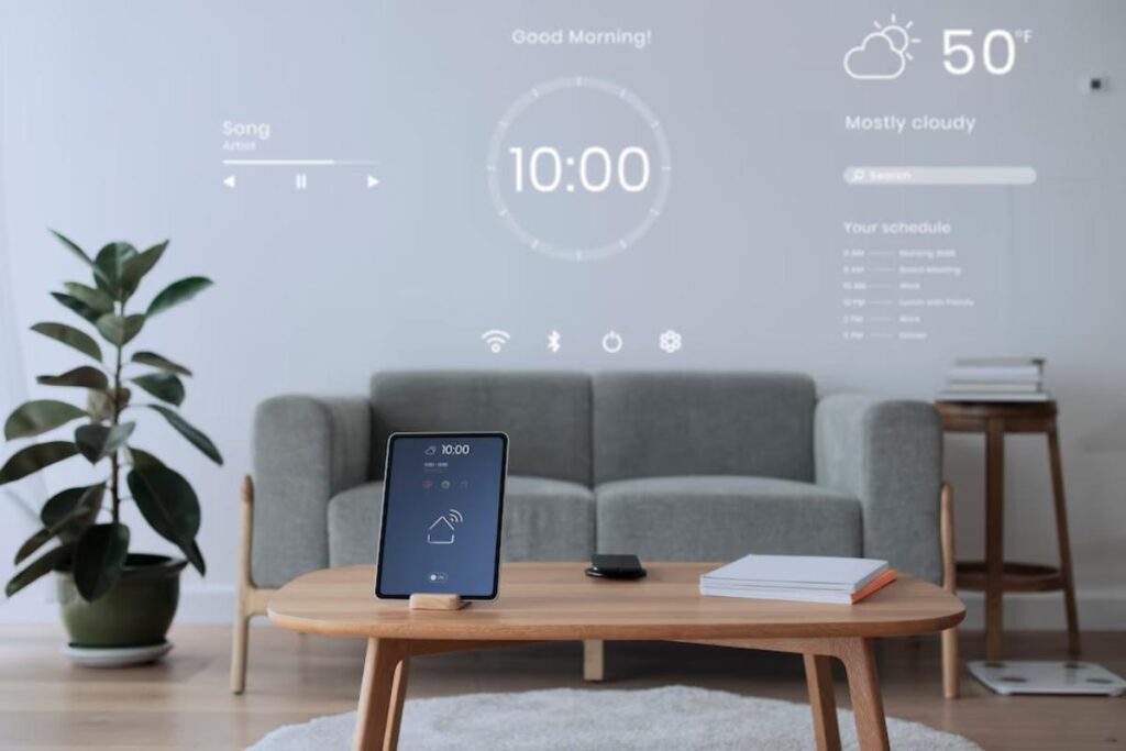 A modern living room featuring a tablet on a coffee table, displaying a virtual morning greeting and schedule projected on the wall.