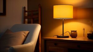 A cozy living space featuring a soft armchair with a brown pillow, an orange lamp on a wooden table, and warm ambient lighting.