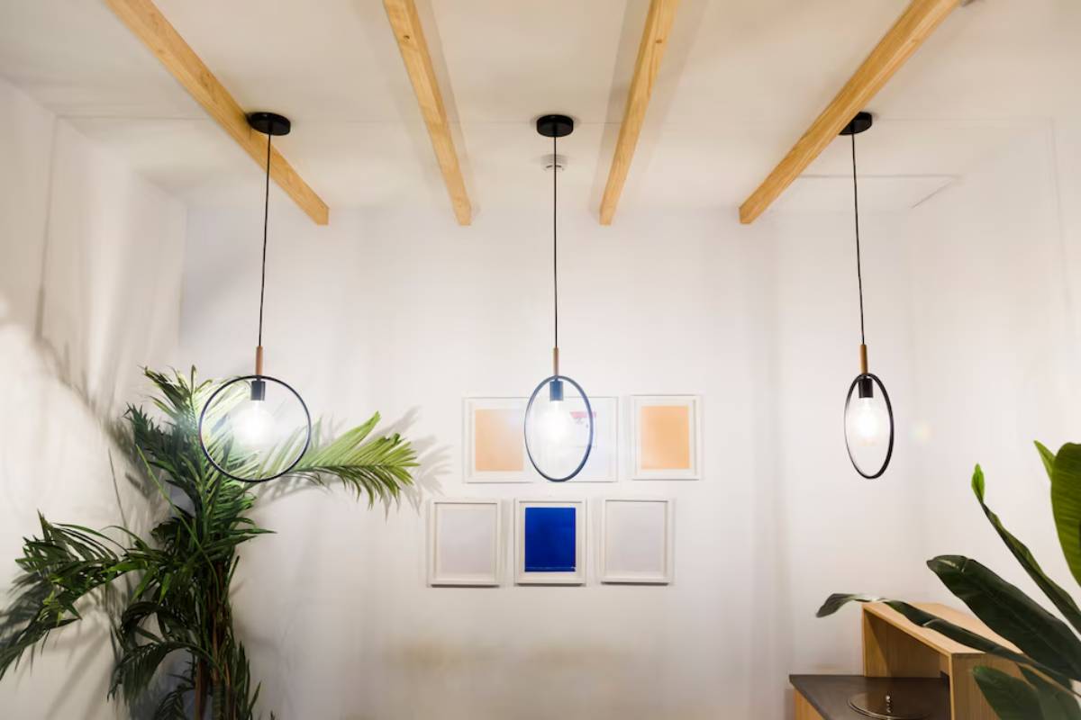 Three stylish pendant lights hang from wooden beams in a bright room, complemented by a green plant and framed artwork on the wall.