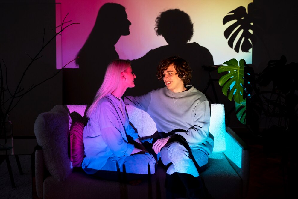 A couple sits closely on a modern sofa, surrounded by vibrant shadows and colorful ambient lighting, with greenery in the background.
