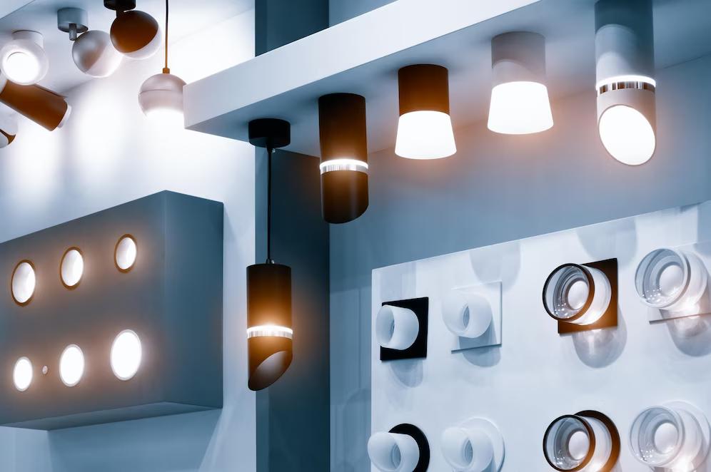 A display of various modern light fixtures, including pendants and wall mounts, showcasing sleek designs and different finishes.