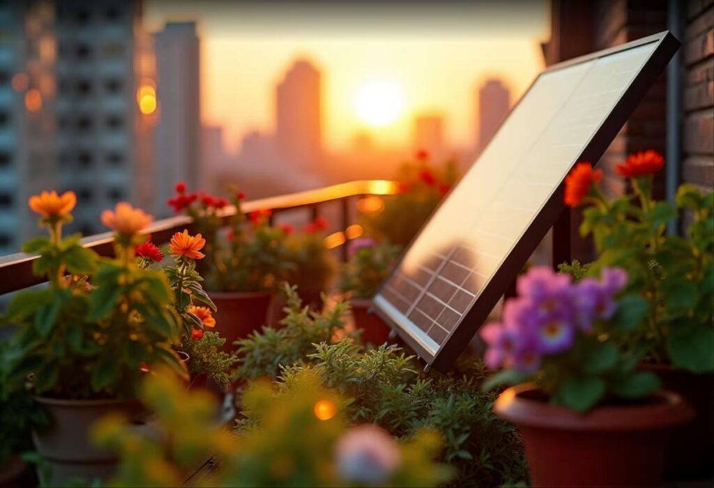 A solar panel on a balcony surrounded by colorful flowers, illuminated by a warm sunset and city skyline in the background.