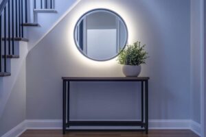 A modern entryway features a round illuminated mirror above a sleek wooden console table with a potted plant in a minimalist white pot.