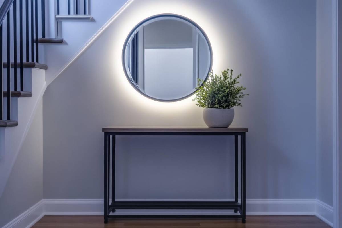 A modern entryway features a round illuminated mirror above a sleek wooden console table with a potted plant in a minimalist white pot.