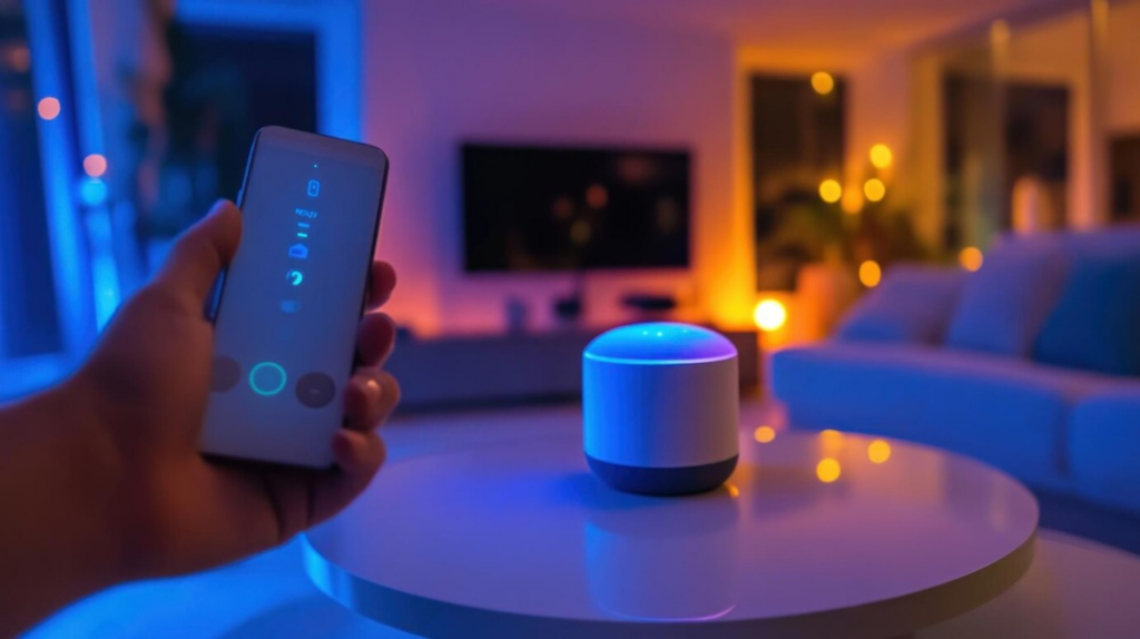A hand holds a smartphone remote, controlling a glowing smart speaker on a coffee table in a dimly lit, modern living room.