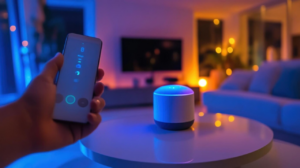 A hand holds a smartphone remote, controlling a glowing smart speaker on a coffee table in a dimly lit, modern living room.