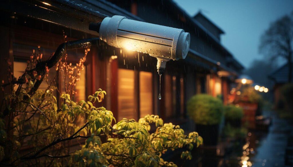 A rain-soaked outdoor scene featuring a light fixture and vibrant greenery under a gentle drizzle, with a warm glow from nearby windows.